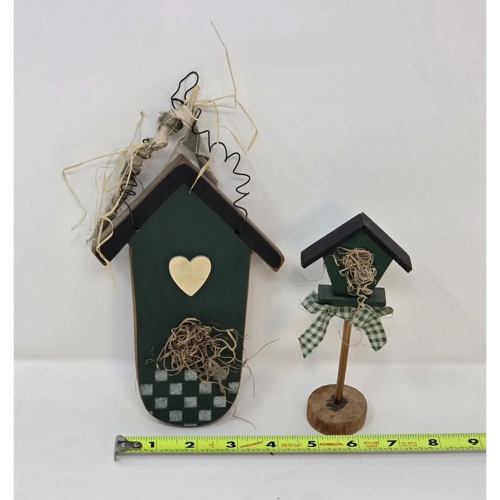 Primitive Country Wood Birdhouse Decor Set 2 Farmhouse Heart Checkerboard Bow